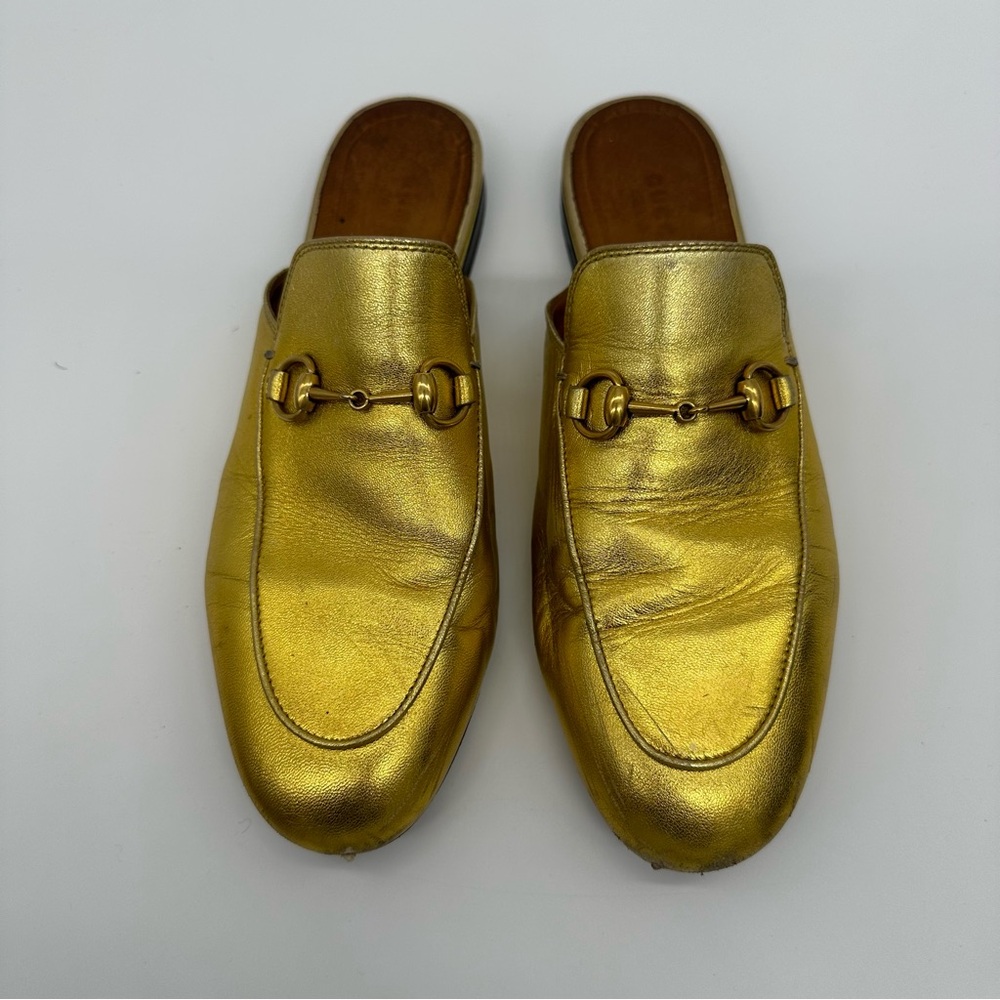Gucci Metallic Gold Leather Horsebit Mule Loafers